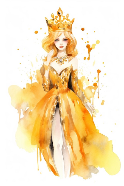 Clipart aquarelle reine jaune or mignon isolé sur fond blanc avec IA générative