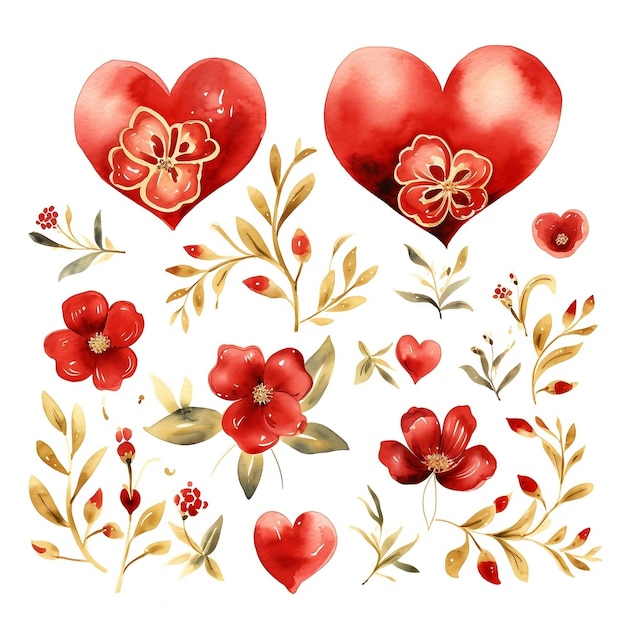 Clipart d'aquarelle de la Saint-Valentin avec des cœurs rouges et dorés avec des fleurs sur un fond blanc