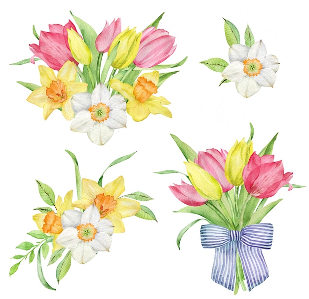 Clipart aquarelle de tulipes roses et jaunes et jonquilles. Ensemble de Pâques de compositions florales isolées