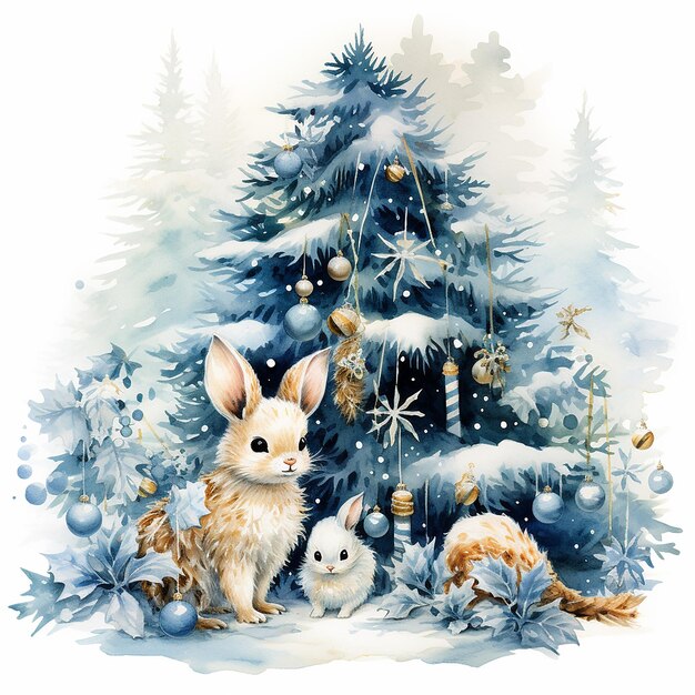Clipart d'arbre de Noël à aquarelle un arbre de Noël magique avec des ornements à aquarelle luminescents