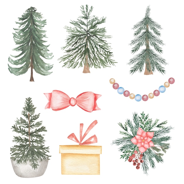 Clipart d'arbre de Noël aquarelle, cadeau de nouvel an, fête d'enfants, boules, arbre de Noël, forêt, invitations de douche de bébé, cadeaux