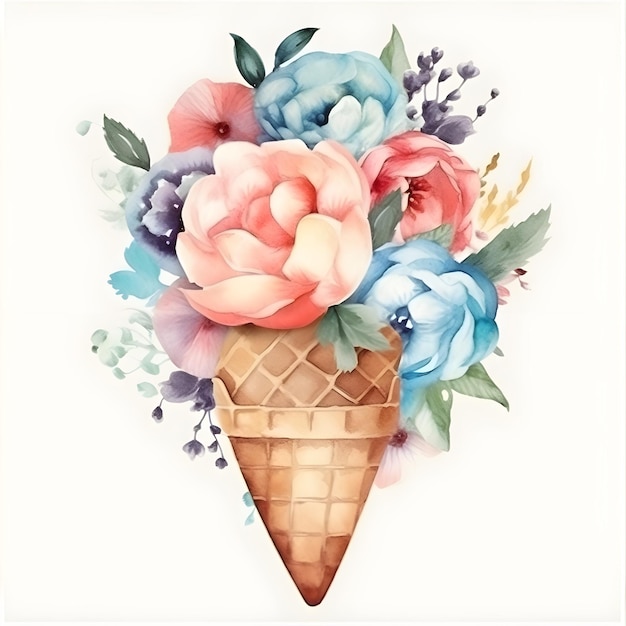 Clipart de cornet de crème glacée floral aquarelle