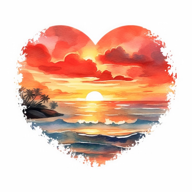 Clipart du coucher de soleil sur une plage d'aquarelle sur fond blanc