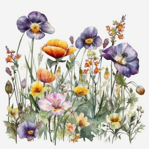 Clipart de fleurs de prairie aquarelle sur fond blanc IA générative