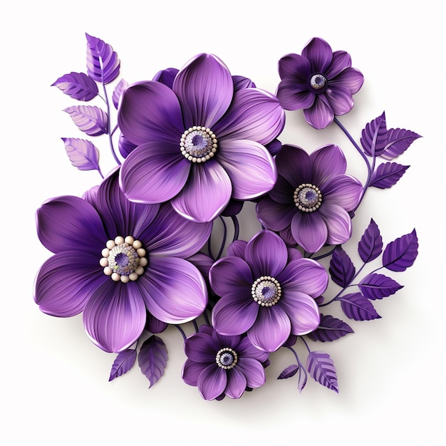 Clipart fleurs violettes 3D sur fond blanc