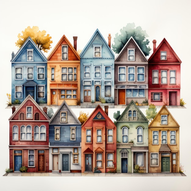 Clipart de maisons d'aquarelle originales sur fond blanc généré par l'IA