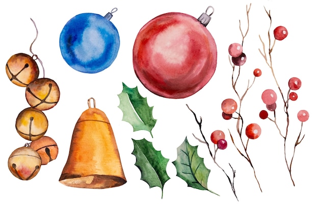 Clipart de Noël coloré aquarelle illustration isolée Éléments pour cartes de voeux de vacances