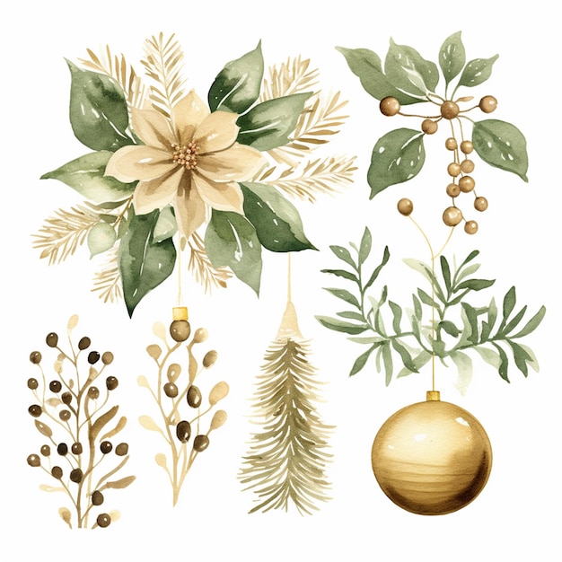 clipart de Noël tons beige or et vert olive 2