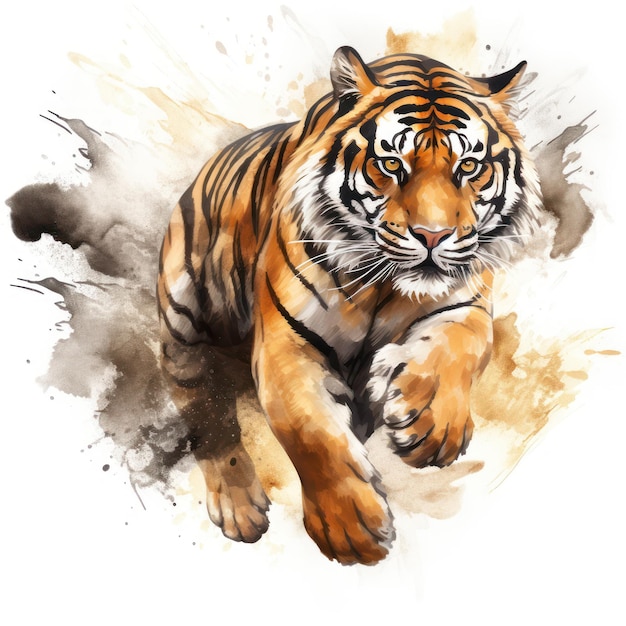 Photo clipart de tigre à aquarelle dorée et noire dynamique avec tigre sautant