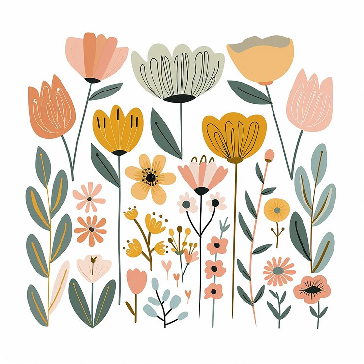Photo un clipart vectoriel de fleurs de printemps dans des couleurs pastel avec des formes simples sur un fond blanc