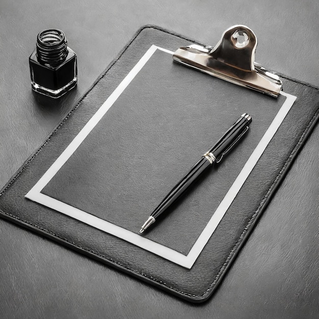 Photo clipboard isolé sur un stylo et de l'encre en cuir blanc et noir