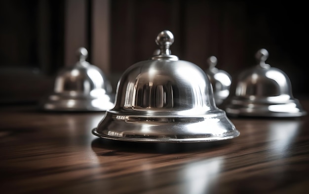 Une cloche en argent sur une table avec trois plaques de cloche en argent.