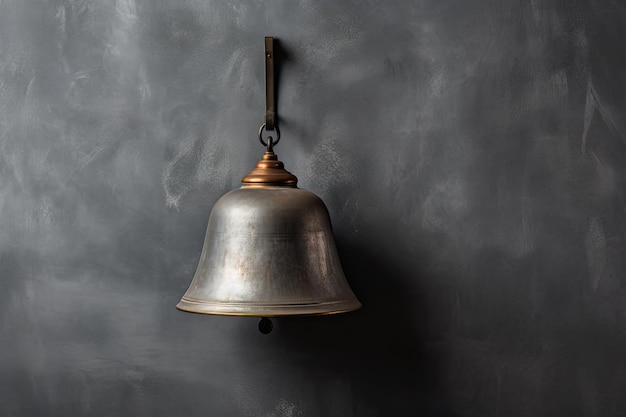 Cloche d'école en métal sur un mur gris