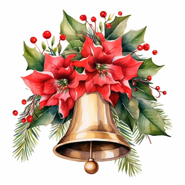 Cloche de Noël avec couronne botanique aquarelle illustration isolée générative AI