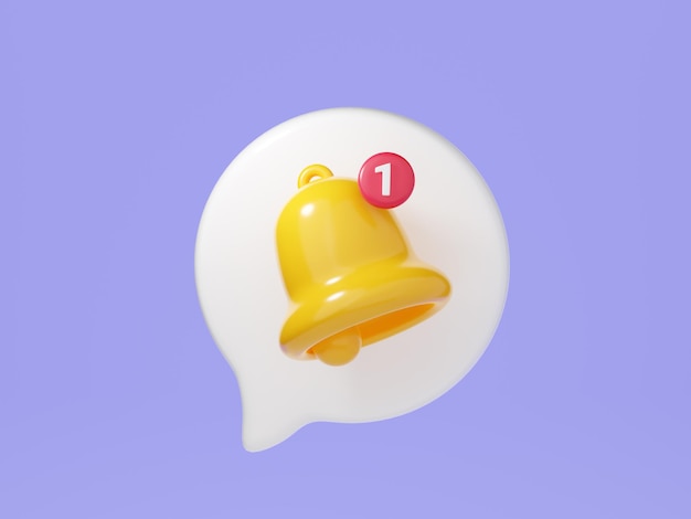 Cloche de notification sur la bulle de dialogue rendu 3d Illustration de l'icône de cloche jaune simple pour le concept de rappel ou d'avis