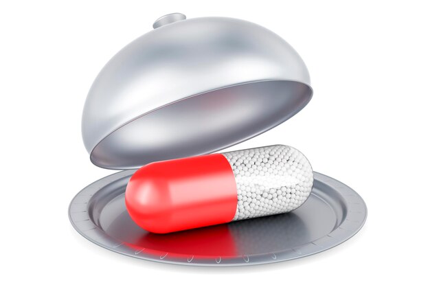 Photo cloche de restaurant avec rendu 3d de capsule de médicament isolé sur fond blanc