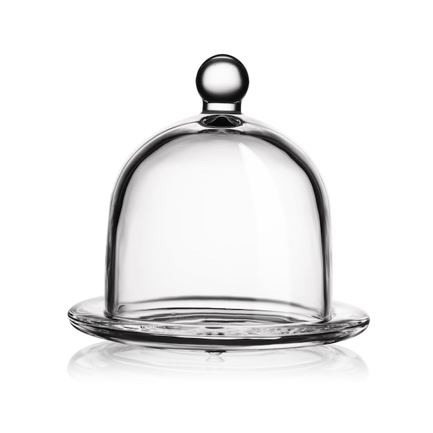 Cloche en verre avec plaque pour la conservation des aliments isolé sur fond blanc