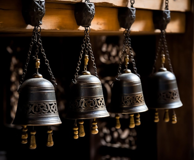 Des Cloches Pendues Rouillées Originales Du Temple Des Cloches Traditionnelles Qui Sonnent