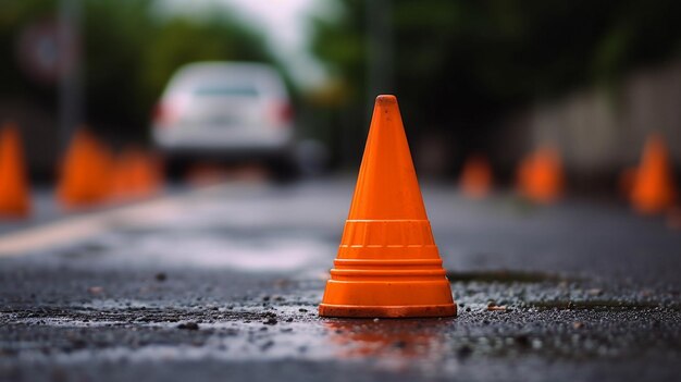 Les cloisons routières rouges sur la route floue