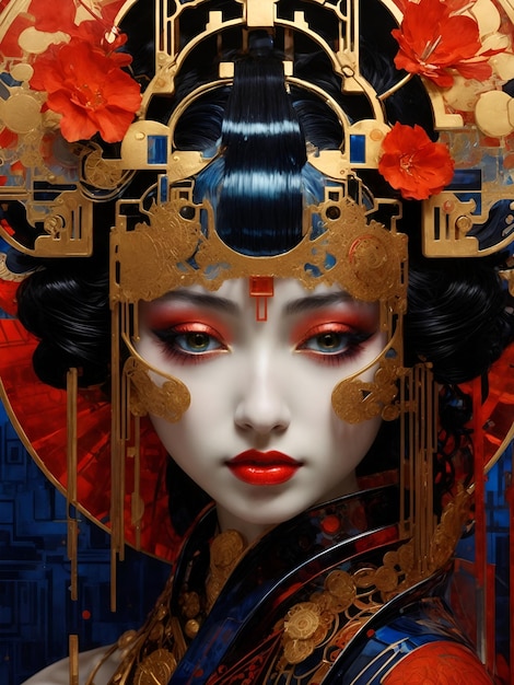 Photo close de geisha fait de verre horloge motorhead biomécanique biopunk geisha mignon grand doré