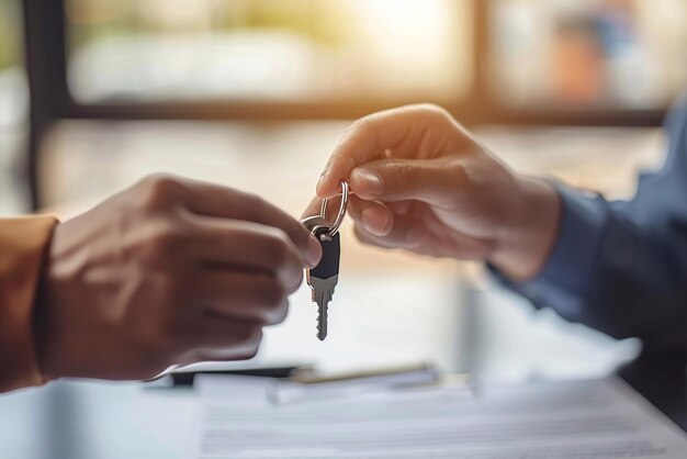 Close-up de l'agent immobilier donnant les clés de la nouvelle maison au client signant le contrat