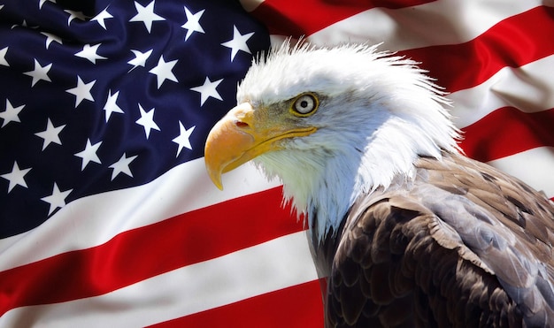 Close-up de l'aigle à tête blanche contre le drapeau américain