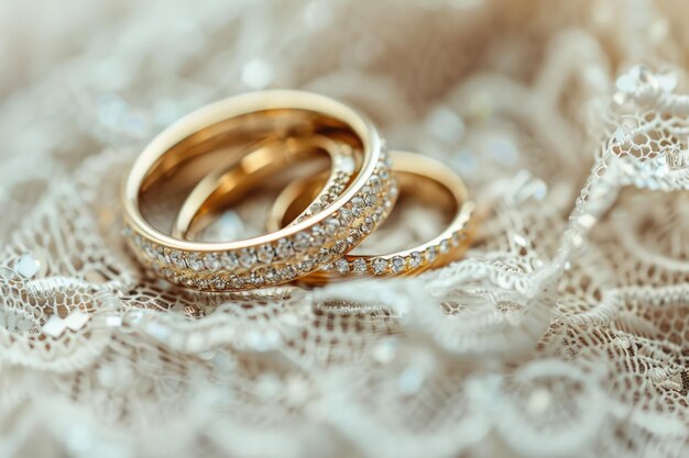 Close-up d'anneaux de mariage en or décorés de cristaux placés sur un fond textile en dentelle