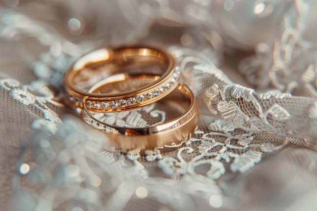 Close-up d'anneaux de mariage en or flou décorés de cristaux placés sur un fond textile en dentelle