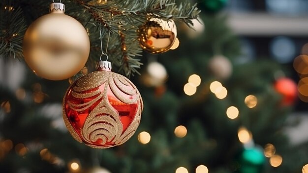 Close-up d'un arbre de Noël avec des décorations de vacances sur un fond flou d'humeur festive