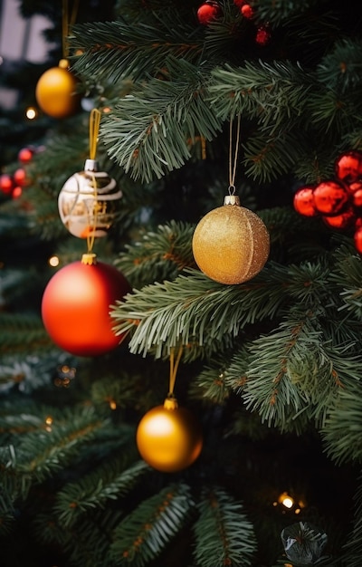 Close-up d'un arbre de Noël avec des décorations de vacances sur un fond flou d'humeur festive