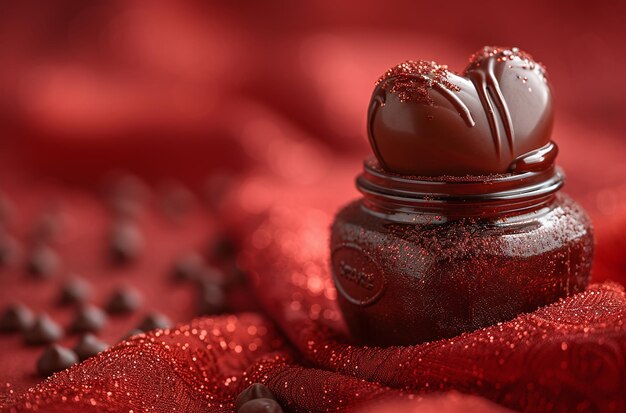 Photo close-up artistique d'un cœur de chocolat sur un fond de texture rouge avec des étincelles et une mise au point douce