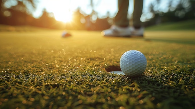 Close-up d'une balle de golf roulant vers le trou silhouette du joueur39 en arrière-plan se concentrer sur le moment de l'impact AI Génératif