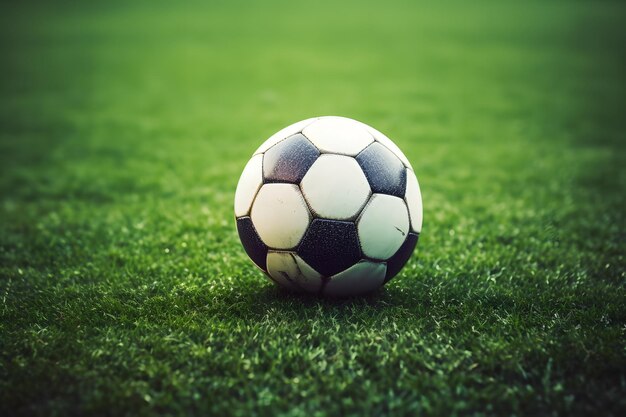 Close-up d'un ballon de football sur un terrain vert luxuriant avec des brins d'herbe en focus IA générative