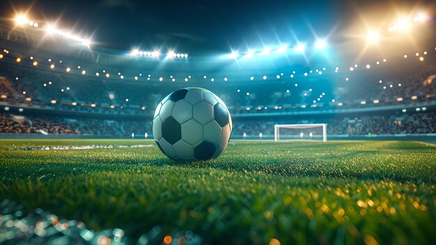 Photo close-up d'un ballon de football sur un terrain vert luxuriant sous les lumières du stade atmosphère sportive passionnante capturée dans une image vibrante idéal pour le marketing sportif et les événements ai