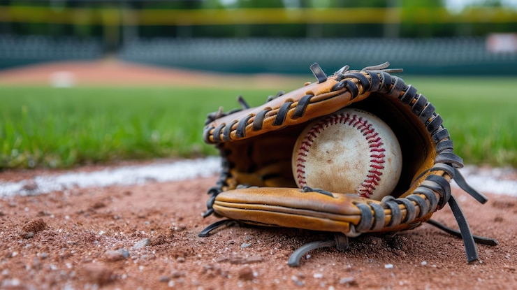 Photo close-up d'un baseball et d'un gant reposant sur le terrain du stade sportif du monticule des lanceurs en arrière-plan