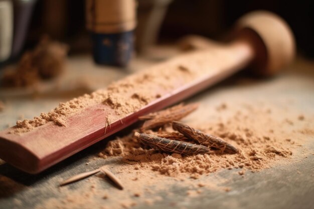 Close-up d'une batte de cricket en train d'être sablée dans un atelier créé avec l'IA générative