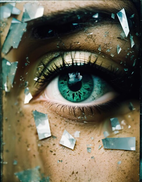 Close-up d'un beau œil féminin avec effet de verre cassé Image fantastique ai générative