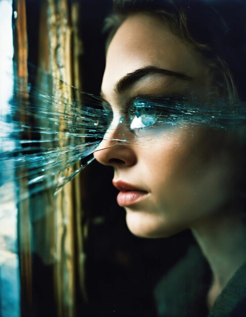 Close-up d'un beau œil féminin avec effet de verre cassé Image fantastique ai générative