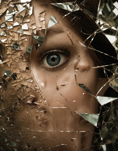 Photo close-up d'un beau œil féminin avec effet de verre cassé image fantastique ai générative