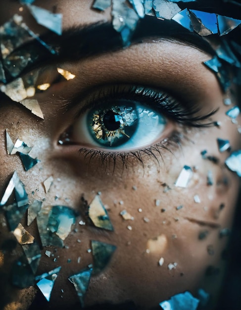 Close-up d'un beau œil féminin avec effet de verre cassé Image fantastique ai générative