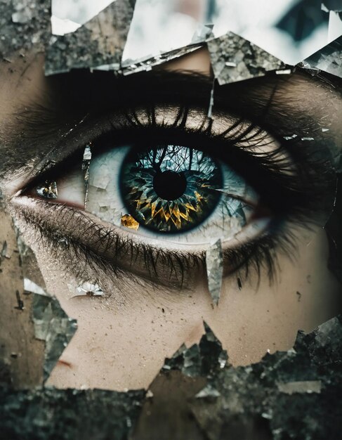 Close-up d'un beau œil féminin avec effet de verre cassé Image fantastique ai générative