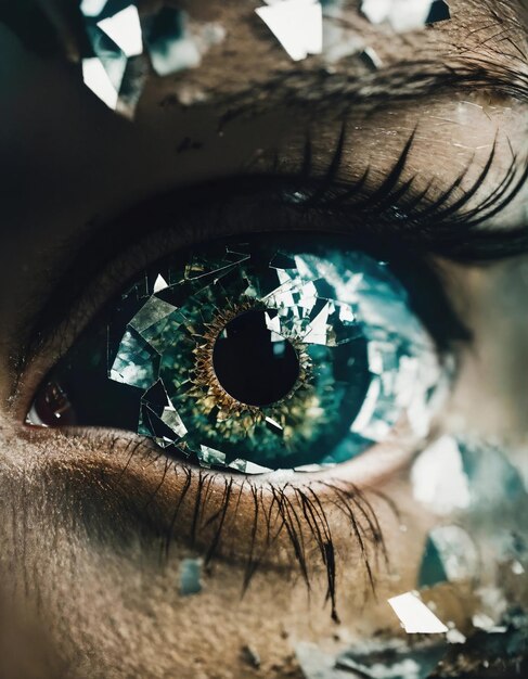 Photo close-up d'un beau œil féminin avec effet de verre cassé image fantastique ai générative