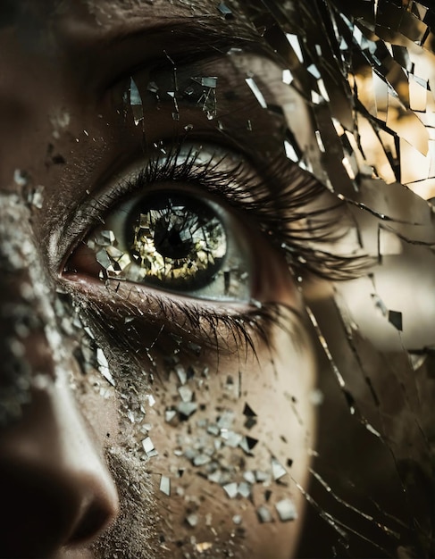 Close-up d'un beau œil féminin avec effet de verre cassé Image fantastique ai générative