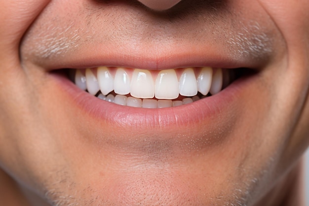 Close-up d'un beau sourire masculin avec des dents saines Concept de soins dentaires