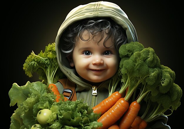 Close-up d'un bébé en bonne santé posant en studio avec des légumes Vitamines pour une croissance saine des enfants