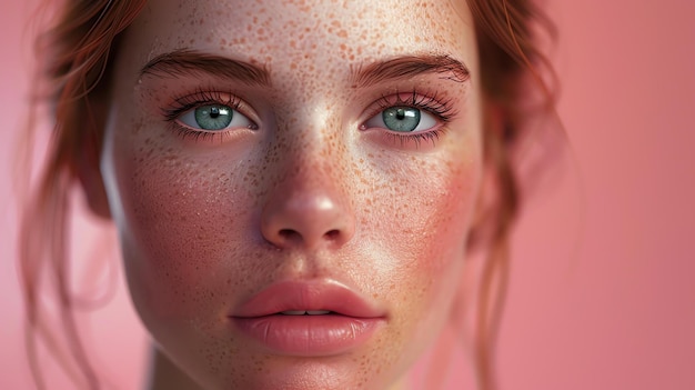 Close-up d'une belle jeune femme avec des taches de rousseur sur le visage Elle a des yeux verts et ses lèvres sont légèrement séparées