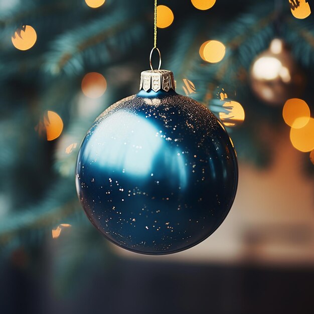 Close-up d'un bijou bleu suspendu à un arbre de Noël décoré Effet filtre rétro