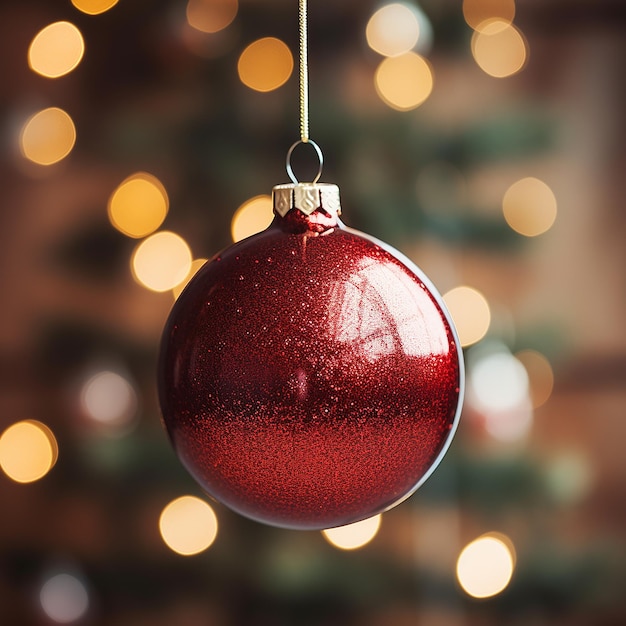 Close-up d'un bijou rouge suspendu à un arbre de Noël décoré Effet filtre rétro