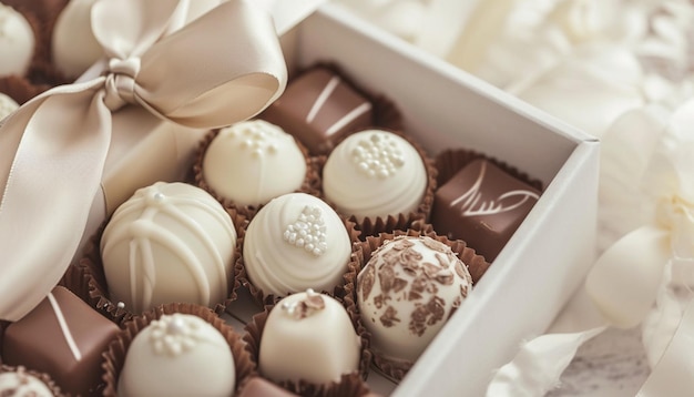 Close-up d'une boîte cadeau de White Day avec un assortiment élégant de chocolats blancs et de bonbons