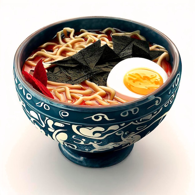 Photo close-up d'un bol de céramique japonaise de soupe ramen avec des nouilles, des œufs, des algues et des légumes